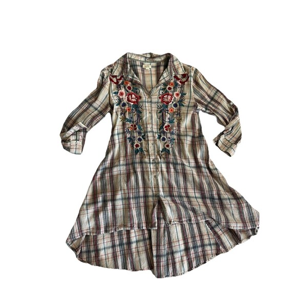 Kyla Seo Plaid High Low Dress Tunic XS Embroidered Boho - Picture 2 of 11
